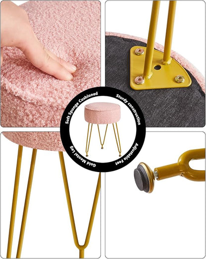 IBUYKE Teddy Velvet Round Footrest Stool Ottoman, Makeup Vanity Stool Side Table, Velvet Dressing Table Seat, Pouf Couch Stool, for Living Room Bedroom, Pink WBD009P