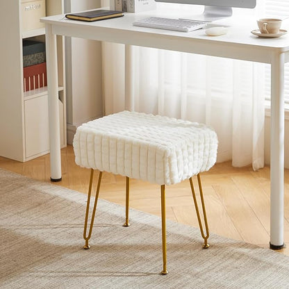 IBUYKE Rectangular Footrest Stool Ottoman, Makeup Vanity Stool Side Table, Velvet Dressing Table Seat, Footstool Chair, Golden Steel Legs, for Makeup Room, Bedroom, Square Grid Pattern, White WBD003W