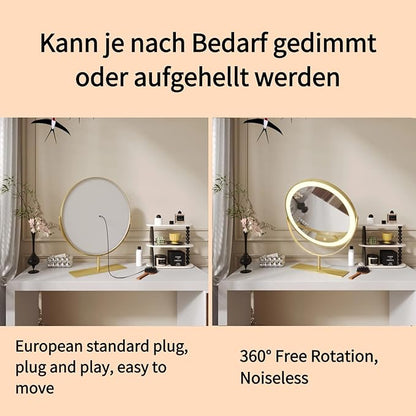 Vanity Mirror Makeup Mirror with Stand,15.8" Round Vanity Mirror, LED Lights, Smart Touch 360°Rotation, Dimmable White (Golden)