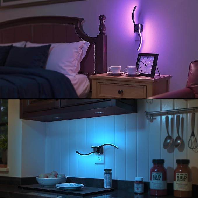 Briignite Night Lights Plug into Wall, 3000K+8 Color Changing Dimmable LED Night Light 1W 180° Rotating Wall Sconce Dusk to Dawn Sensor Plug in Nightlight for Bathroom Bedroom Hallway Kitchen