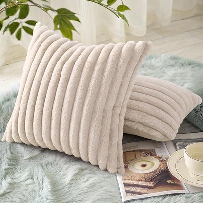 decorUhome Faux Fur Spring Throw Pillow Covers 24x24 Set of 2, Decorative Soft Plush Striped Neutral Couch Euro Sham Pillow Covers with Velvet Back for Sofa, Bed, Living Room Home, Beige