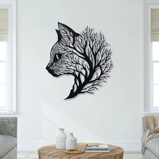 huefoam Cat Metal Wall Art, Tree of Life Wall Art, Cat Wall Decor, Metal Tree Wall Decor for Living Room, Bedroom, Bathroom (White, 28"×24"/70×62cm, metal art wall decor)