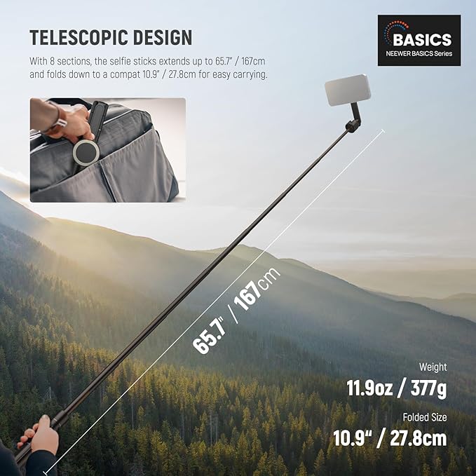 NEEWER Basics 5.48' Magnetic Selfie Stick Tripod Compatible with MagSafe iPhone Android, Portable Travel Cell Phone Stand with Remote, One Button Unfold for Vlog Video Recording Streaming, PA989