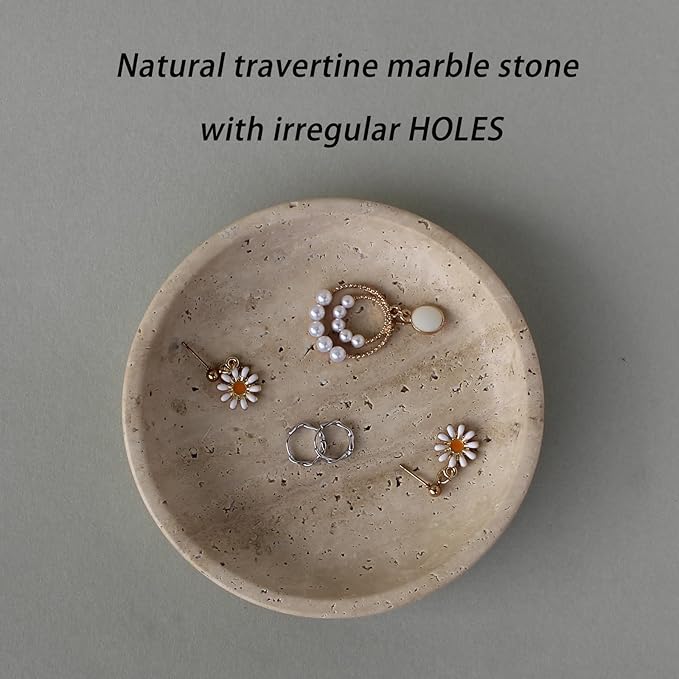 Natural Travertine Marble Jewelry Dish 5.5", Trinket Dish for Ring Earring, Gift for Woman Daugther(Beige Travertine)