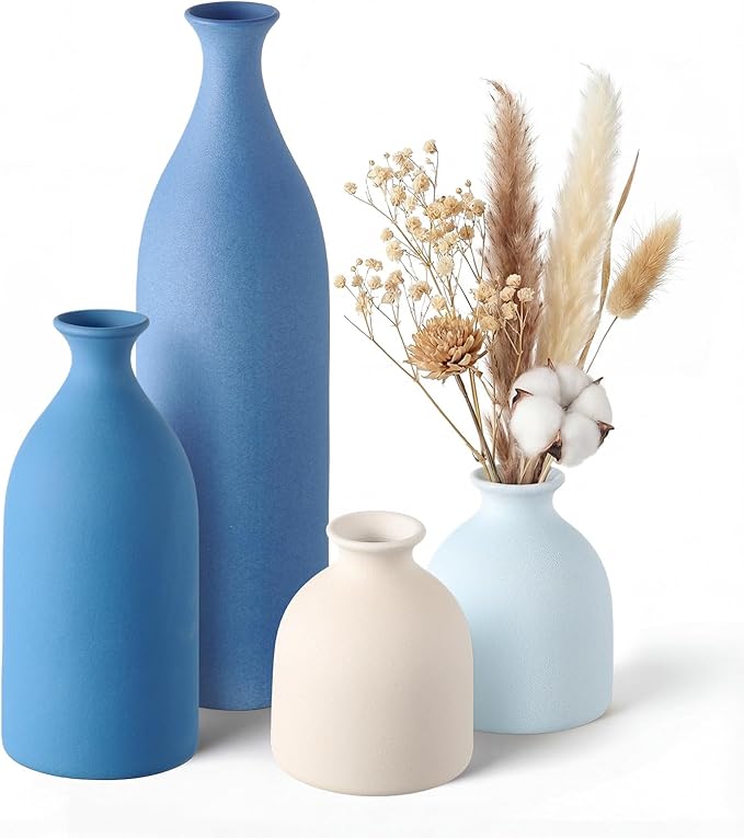Dandat Ceramic Vase Set of 4, Modern Decorative Ceramic Vases Rustic Pottery Centerpiece Table Decor for Farmhouse Bouquet Pampas Grass Dried Fresh Flowers, Living Room, Kitchen, Bedroom(Blue)