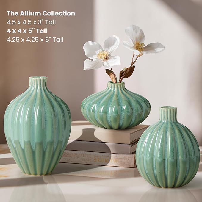 Torre & Tagus 5" Reactive Glaze Ceramic Green Bud Vase - Mint Green Two-Tone Handmade Textured Vases for Home Decor & Flowers as Small Decorative Accents for Coffee Table & Shelf (Allium 5 Inch Vase)