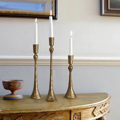 Vintage Cast Iron Taper Candle Holder - Set of 3 Decorative Candle Stand, Candlestick Holder for Wedding, Dinning, Party (Antique Brass)