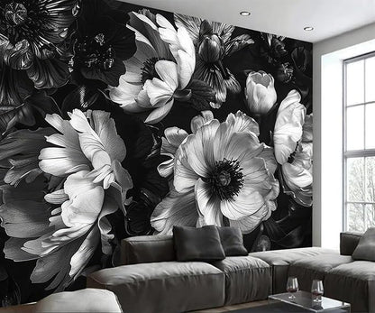 AFZEVEB-Black Peony Floral Wallpaper Vintage Large Flower Wall murals for Bedroom 114"x74"(Not Peel and Stick)