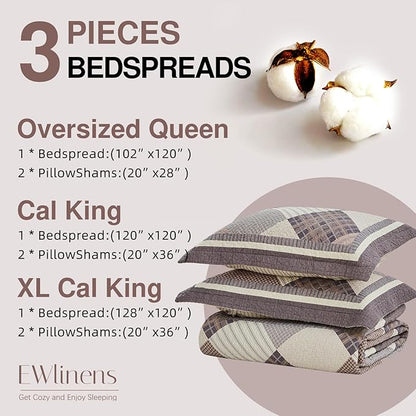 EWlinens 100% Cotton 120"x102" Oversized Queen Bedspread - Farmhouse Extra Large Queen Quilt Bedding Set, All Season Diamond Patchwork Plaid Rustic Striped Bedspreads, 3pcs, Walnut/Brown/Gray/Beige