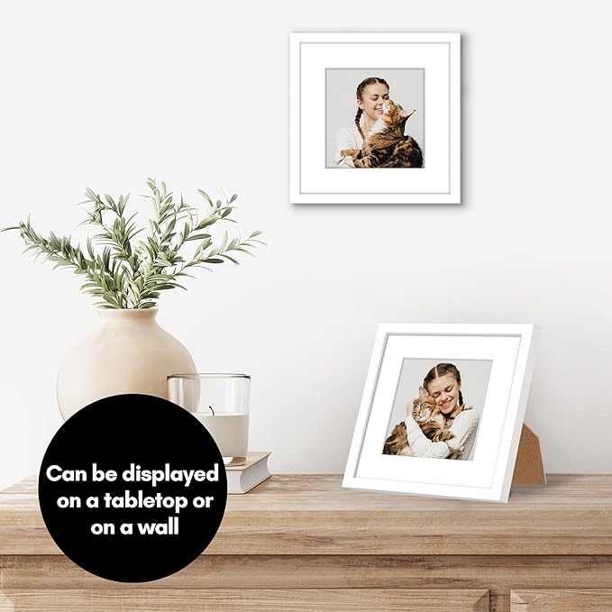 Americanflat 6x6 Picture Frame with Shatter-Resistant Glass - Use as 4x4 Frame with Mat or Display 6x6 Photo Without Mat - Streamline Collection - Square Frames for Tabletop or Wall - White