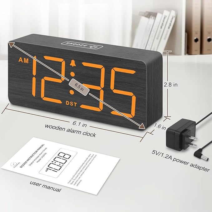 DreamSky Wooden Digital Alarm Clock for Bedroom - Loud Alarm Clock for Heavy Sleepers with Volume Control, Desk Clocks for Living Room with Large Numbers, Dimmer, DST, Wood Decor (Plug in Clock)