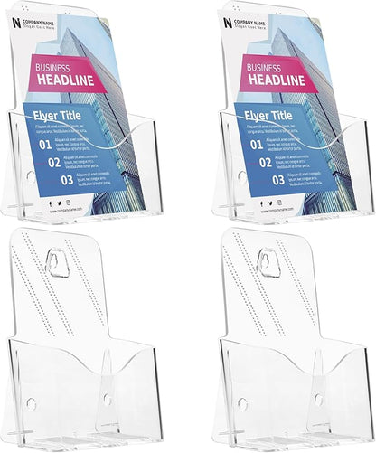 Acrylic Brochure Holder 6 x 8 Inches, 4-Pack Clear Plastic Display Stand for Half-Fold Flyers, Pamphlets, Menus, Trifold Literature, Wall Mount or Countertop Use