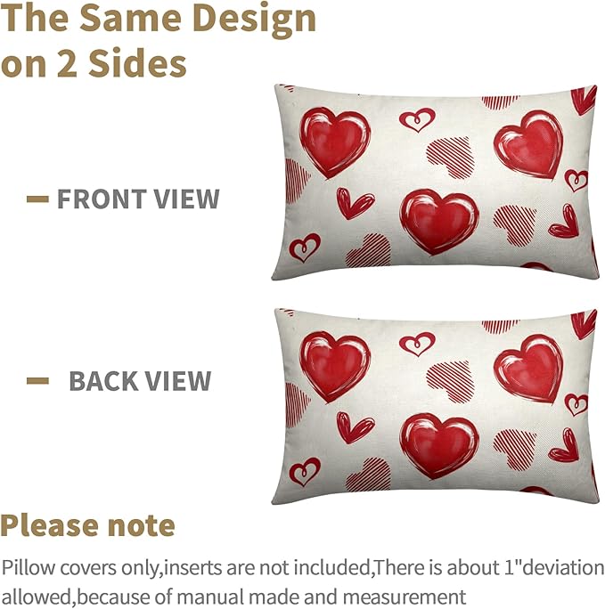 Valentines Day Pillow Covers 12x20 Set of 2 Beige Red Heart Throw Pillow Covers Love Pillowcase Linen Decoration Farmhouse Holiday Cozy Soft Cushion Case Couch for Indoor Outdoor Home Decor