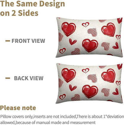 Valentines Day Pillow Covers 12x20 Set of 2 Beige Red Heart Throw Pillow Covers Love Pillowcase Linen Decoration Farmhouse Holiday Cozy Soft Cushion Case Couch for Indoor Outdoor Home Decor