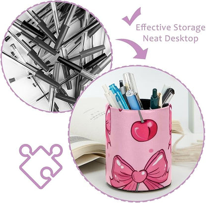 Pink Bows and Cherries on Pink Background Pen Holder for Desk, Round Pencil Cup Desktop Stationery Organizer for Home Office School Desk Brushes Storage