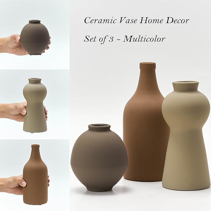 Ceramic Vase Set of 3, Nordic Minimalist Multicolor Vases Home Decor, Rustic Farmhouse Decor Pottery Vases for Bouquet Pampas Grass Dried Fresh Flowers, Living Room, Entryway Mantel, Kitchen, Bedroom