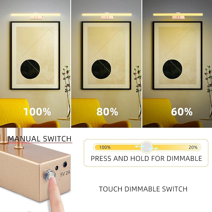 FUNCHDAY Picture Light,Battery Art Lights for Wall,Wireless Remote Painting Light with Timer and Dimmable,16”Metal Display Lighting for Artwork,Portrait,Gallery-Rosegold