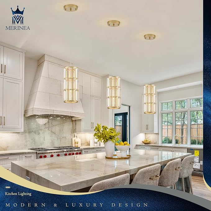 Gold Crystal Pendant Light for Kitchen Island, Mini Hanging Light Fixture with K9 Prism Crystals, 1-Light Modern Ceiling Pendant in Brass Finish for Dining Room, Bedroom, Bathroom, Bar E26