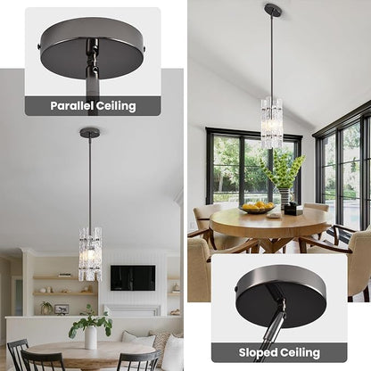 Modern Pearl Black Crystal Pendant Light for Kitchen Island, Luxury Mini Water Ripple Glass Chandelier Fixture, Square Adjustable Hanging Pendant Lighting for Dining Room Bedroom Hallway (1-Pack)