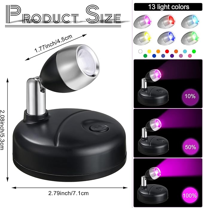 Tuanse 12 Pcs Battery Operated Spotlights Indoor LED Spot Display Lights Battery Powered Uplights 13 Colors Dimmable Mini Accent Lighting for Art Pictures Painting Closet(Black)