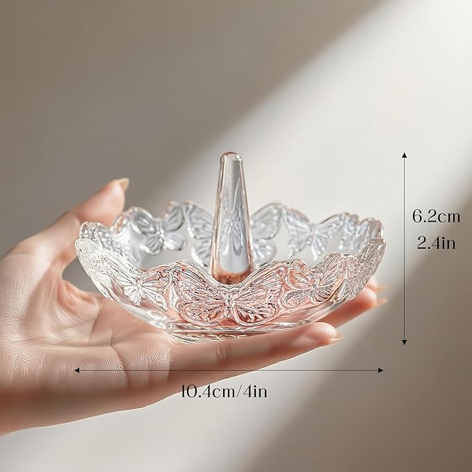 H&D HYALINE & DORA Clear Crystal Ring Holder with Butterfly Pattern, Engagement Glass Ring Dish Jewelry Holder for Rings Earrings Necklace Organizer