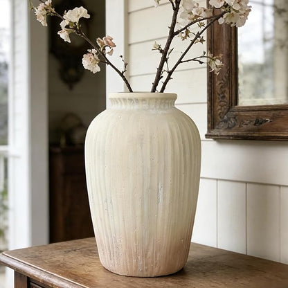 Oakrain 15" Tall Rustic Vase, Decorative Flower Vase for Table with Gradient Design, Large Floor Planter for Indoor Plants, Home Decor, Living Room, Entryway, Beige