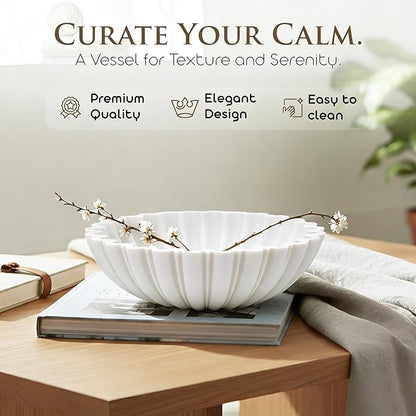 White Decorative Bowl Modern Home Decor - 10.6" Large Resin & Sandstone Centerpiece Bowl for Entryway Table, Coffee Table, Kitchen Counter or Serving Fruit, Keys, Candy