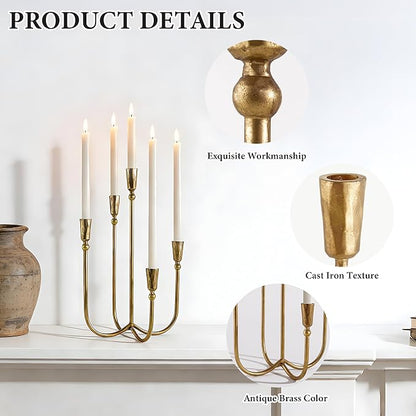 Cast Iron Candelabra 5-Taper Candle Holders, Candlestick Holders Tabletop Candles Stand, Decorative Table Centerpieces Mantel Decor, Antique Brass