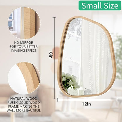 Irregular Bathroom Mirror Modern Wall Mirror Asymmetrical Wooden Framed Wall Mirror Unique Shape Wall Mounted Vanity Artistic Mirror Decor for Living Room Bedroom Entryway Small 16"x12"