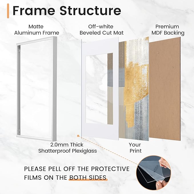 11x14 inch Metal Picture Frame - 11 x 14 Thin Aluminum Photo Frames with 8x10 Removable Mat - High Definition Plexiglass - Vertical and Horizontal Display - Wall Hook Hanging Hardware Included - Silver, Set of 4