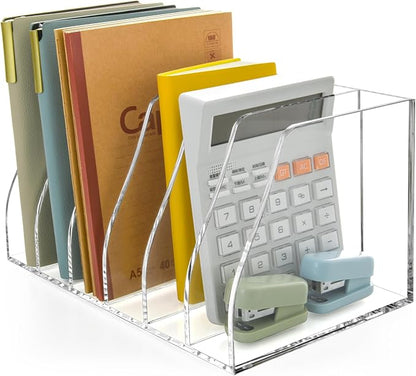 Acrylic Magazine File Holder, 6 Vertical Compartments Desk Document Sorter Organizer, Clear Folder Rack Binder for Office, Documents, Tablets, Magazines, Books – Home/Classroom Rack