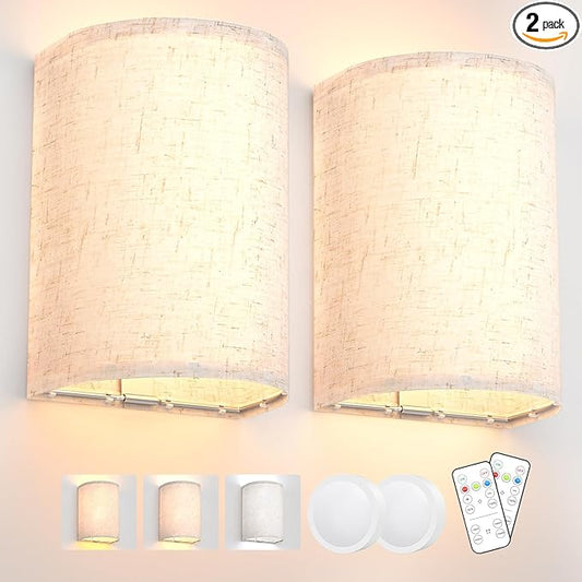 Wall Sconces Set of Two, Battery Rechargeable 3 Colors Changeable Dimmable Wall Lights Fixtures with Remote Control Fabric Height Wall Lamp Sconces for Bedroom Living Room Hallway