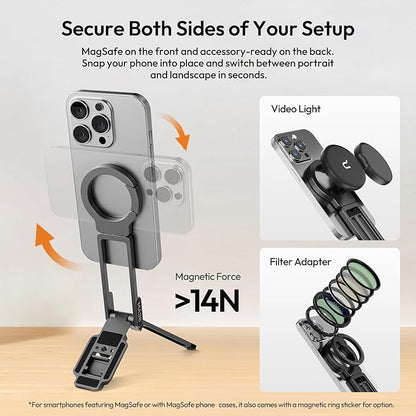 ULANZI Magnetic Phone Tripod for iPhone, MA38 Portable Phone Holder Mini Tripod for Magsafe with Double-Sided 1/4'' Screw Arca Uka Port Foldable Hook for iPhone 17/16/15/14/13/12, Travel Vlog Black