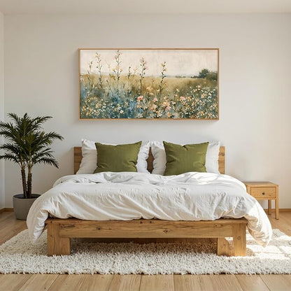 HLNIUC Vintage Watercolor Wildflower Landscape Horizontal Wall Art Framed, Large Retro Floral Wall Decor(20x40), Nature Wilderness Farmhouse Rustic Field Canva Painting for Living Room,Bedroom, Office