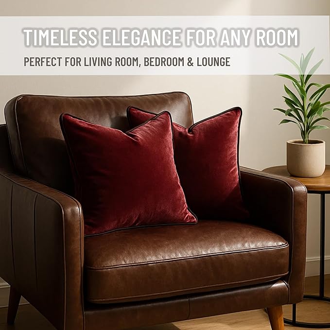 2 Pack Velvet Decorative Throw Pillow Covers, 18"x18", Burgundy, Solid, Modern, Contrast Piping, Indoor Use, Bedroom & Living Room