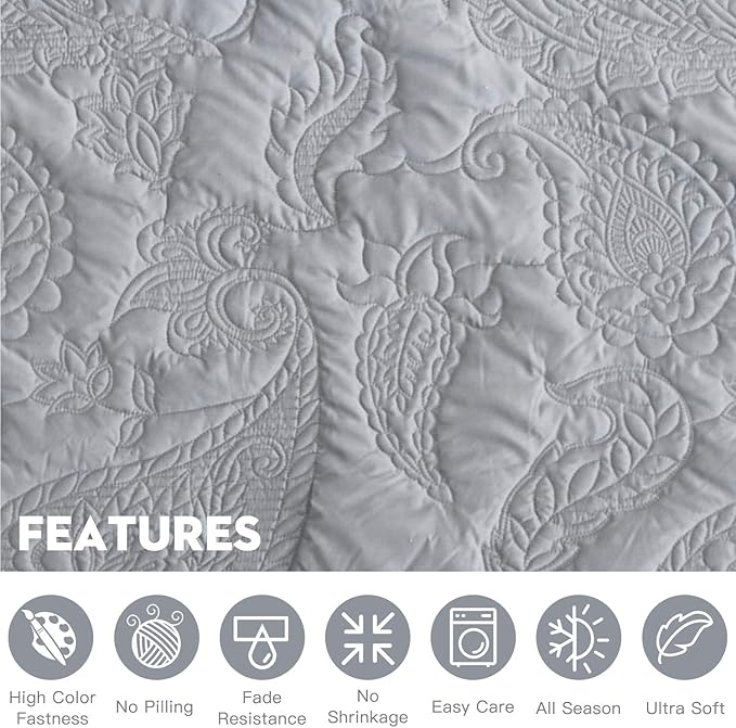 HZ & HY Oversized King Bedspread 128x120 Extra Wide, Quilted Coverlet Bedding Set, Lightweight Thin Comforter, Reversible, Luxurious, 5 Piece, 100% Microfiber, Grey