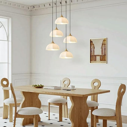 Modern 5 Light Brushed Gold Pendant Lighting Mid Century Milk Glass Cluster Pendant Lights Kitchen Island Adjustable Brass Hanging Chandelier Vintage White Ceramic Light Fixture MPL17-5R GD