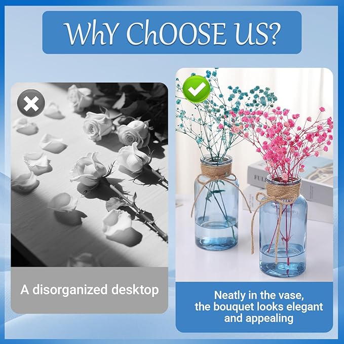 Blue Glass Flower Vases for Centerpieces Set of 6, Mason Jars Boho Cylinder Bud Vases in Bulk, for Weddings Parties Vintage Home Decor
