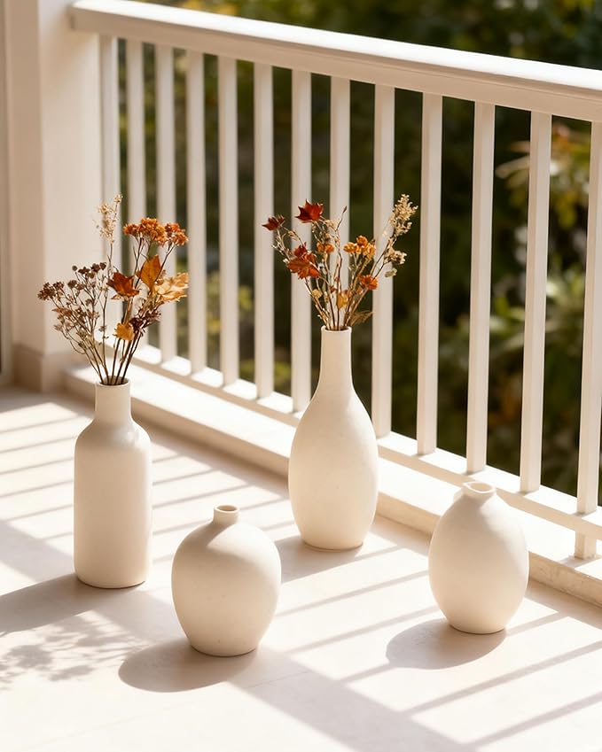 Beige Ceramic Vase Set of 4,Modern Farmhouse Decorative Vases for Entryway Mantel Centerpiece Bookshelf Console Table