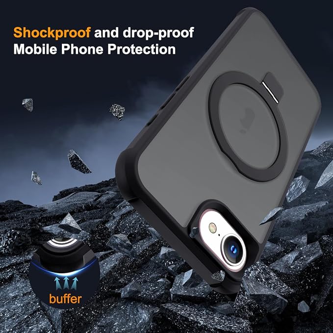Compatible with iPhone 16E Case with Invisible Magnetic O-Ring Stand Military-Grade Translucent Case for iPhone 16E 6.1" 2025 [Compatible with Mag-Safe][Great Grip Feeling], Black