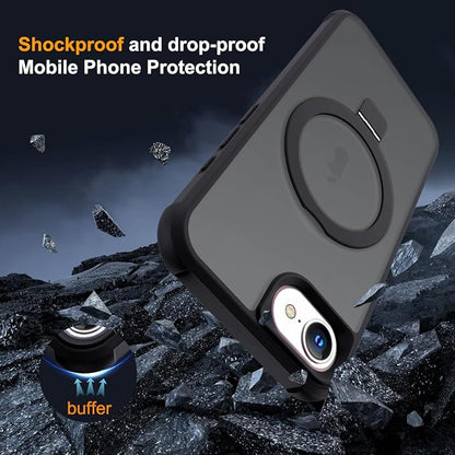 Compatible with iPhone 16E Case with Invisible Magnetic O-Ring Stand Military-Grade Translucent Case for iPhone 16E 6.1" 2025 [Compatible with Mag-Safe][Great Grip Feeling], Black