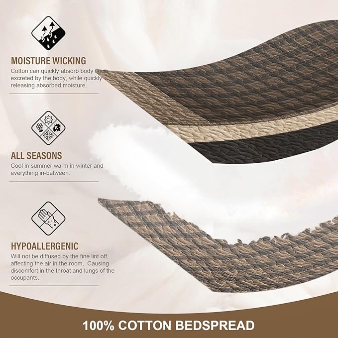 Oversized Quilt Bedspread 120"x120", 100% Cotton Patchwork King Bedspreads Coverlet Set with Pillow Cases, Lightweight Quilted Farmhouse Bedding Cover, 3 Piece, Brown/Beige/Gray