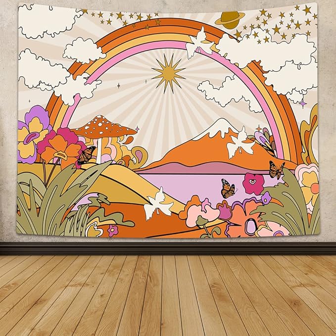 TOMOZ Vintage 70s Groovy Tapestry, Flowers Clouds Sun and Rainbow Tapestry Wall Hanging, Orange Hippie Psychedelic Tapestries for Bedroom Living Room Dorm Decor 80 x 60Inch