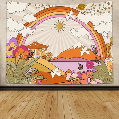 TOMOZ Vintage 70s Groovy Tapestry, Flowers Clouds Sun and Rainbow Tapestry Wall Hanging, Orange Hippie Psychedelic Tapestries for Bedroom Living Room Dorm Decor 80 x 60Inch