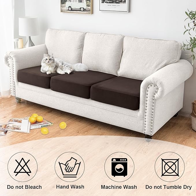 NAISI Waterproof Couch Cushion Covers Thick Velvet Fabric Washable Sofa Slipcovers 3 Pieces Individual Sectional Couch Covers with Elastic Bottom(3 Pcs for 3-Seat or Backrest,Coffee)