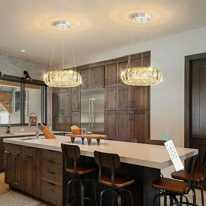 LED Ring Chandelier Modern Pendant Lights for Kitchen Island Dining Room Remote Dimmable Hanging Light Entryway Bedroom Crystal Lighting Silver Chandeliers