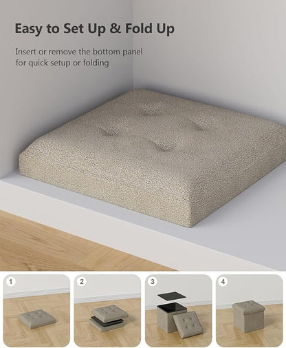 Folding Storage Ottoman Bench, Multi-Functional Ottoman Foot Rest, End of Bed Bench, Storage Chest for Living Room, Bedroom, Hallway, Entryway, Holds Up to 300 lbs (Beige, 15 Inches)