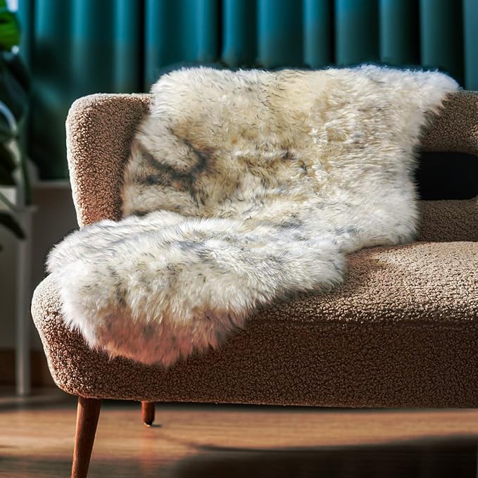 Fluffy Real Sheepskin Rug, Shaggy Fur Premium Soft Bedroom/Living Room Area Rug for Soft Fur Pray Pup Carpet Cushion, Chair Sofa Seat Cover(Wolf Tipped, Single Pelt/2FT*3FT)