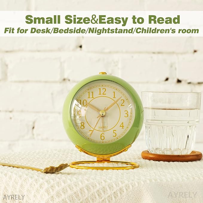 AYRELY® Battery Operated Desk Alarm Clock with Light,Silent No Ticking,Small Table Clock for Bedside/Bedroom/Living Room/Office/Travel/Kids/Room Decor Aesthetic Vintage (Green)