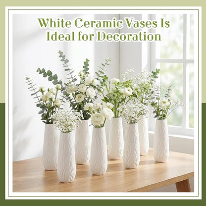 Qinyoung White Ceramic Bud Vase Set of 8, 8'' Small White Flower Vase for Centerpieces Floral Decor for Wedding Party Dining Table Home Decoration (Modern)
